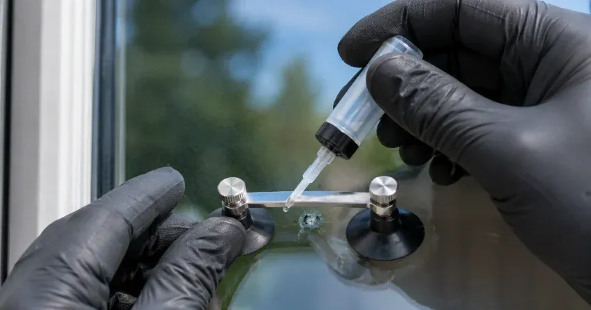 technician performing chipped glass repair on a window in Maple, Burlington