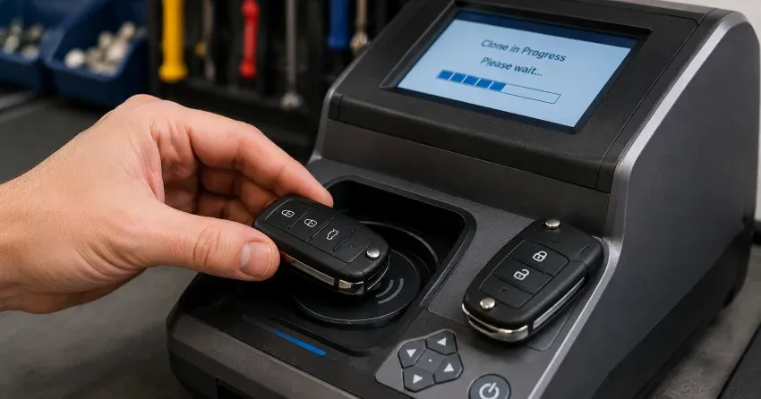 mobile locksmith performing car door key duplication Millcroft, Burlington on-site