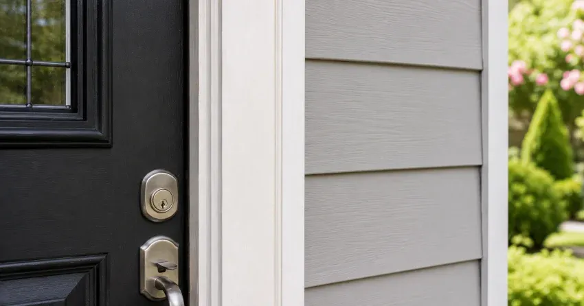 technician inspecting door jamb behind cracked casing in Mountainside, Burlington home