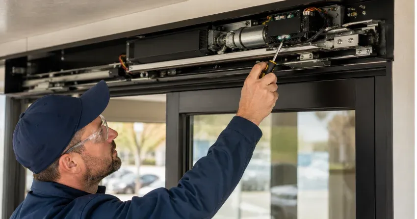 technician completing automatic door repair on residential property in Elizabeth Gardens, Burlington