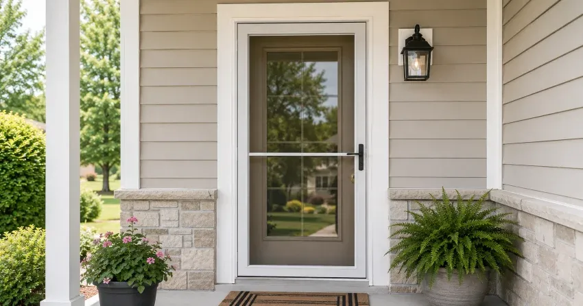 technician hanging storm door square and plumb in Freeman, Burlington