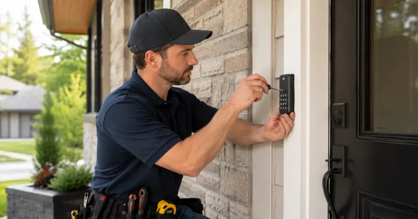 Technician installing an access control system keypad beside a residential front door in Burlington