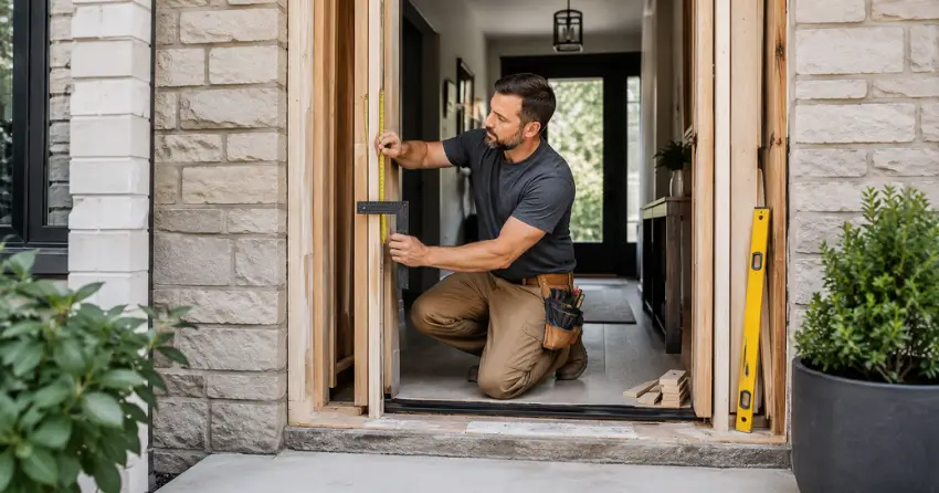 exterior door installer assessing rough opening in The Orchard, Burlington