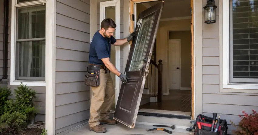 old exterior door being removed for replacement in Alton Village, Burlington
