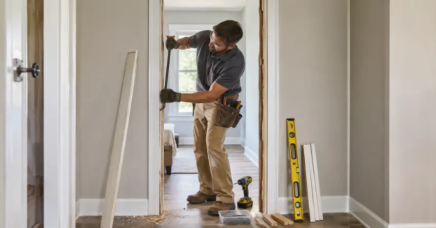 technician removing an old interior door frame during installation Dynes, Burlington