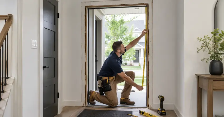 technician measuring a door frame before new door installation in Pinedale, Burlington