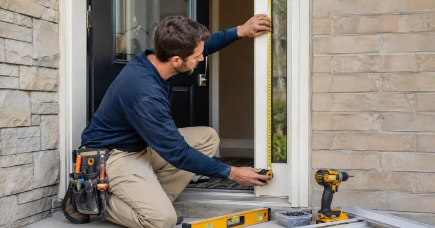 technician measuring door frame before storm door install in Aldershot, Burlington
