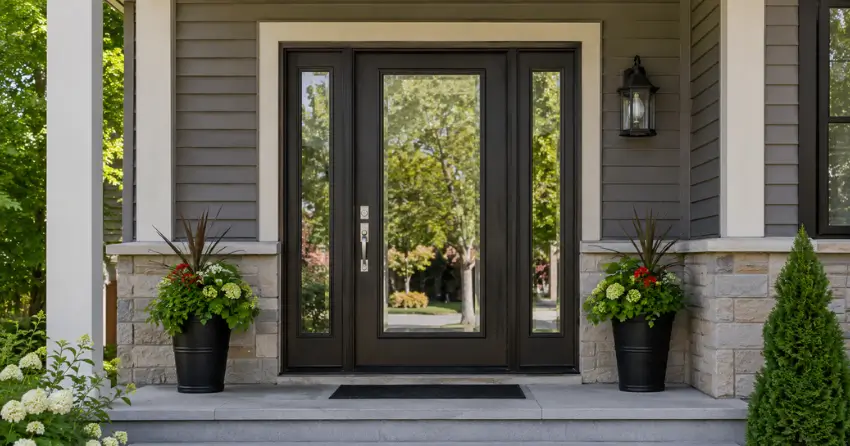 glass entry door with sidelights on a home in Tansley, Burlington