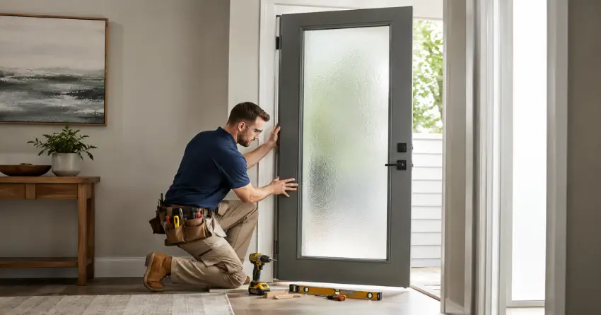 glass panel door installation with frosted privacy glass in residential setting in Freeman, Burlington