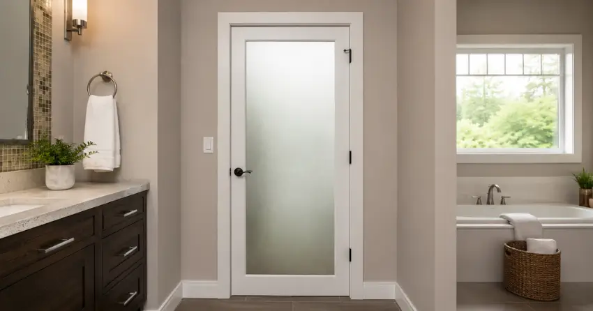frosted glass panel bathroom door installed in a Burlington home