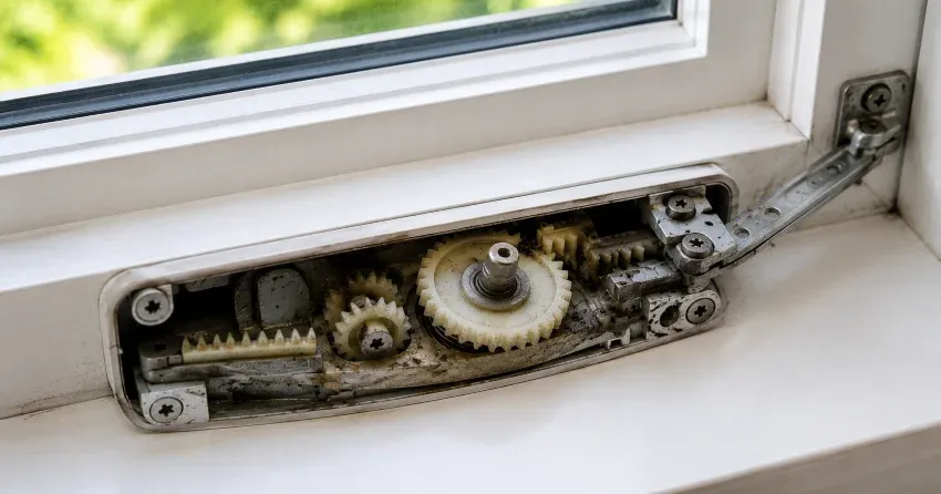 technician replacing casement window crank operator in Elizabeth Gardens, Burlington home