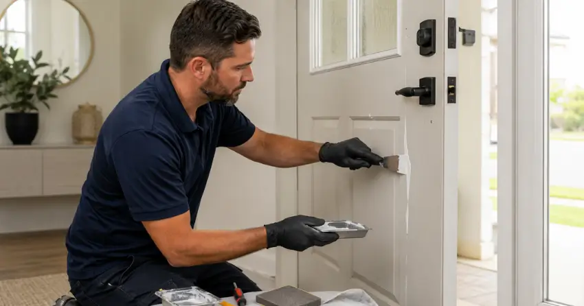 technician repairing fiberglass door surface crack in Headon Forest, Burlington