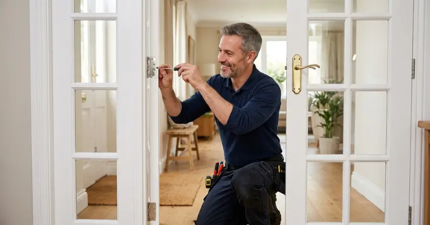 technician adjusting French door hinge for proper alignment in Rural Burlington, Burlington