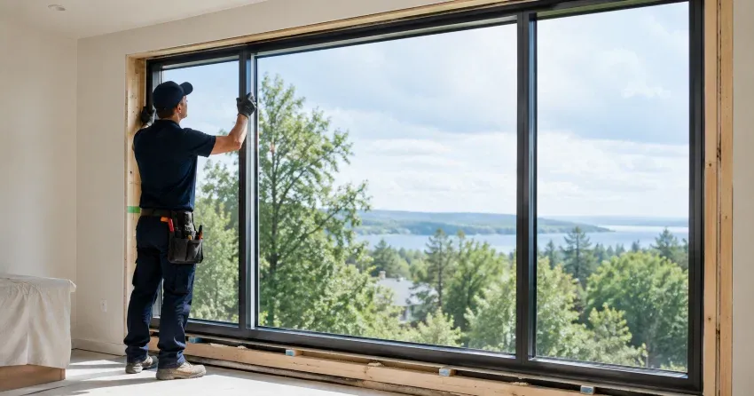 Architectural arched window installed in a residential gable end with custom glazing in Freeman, Burlington
