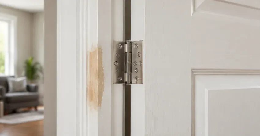 technician checking a warped door against a straightedge in Maple, Burlington