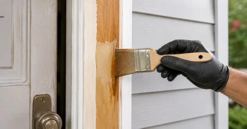 technician probing rotted wood on a door frame in Zimmerman, Burlington