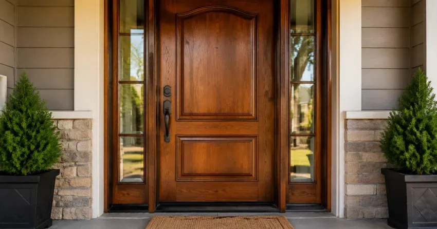wood door mid-restoration showing stripped bare wood in Shoreacres, Burlington