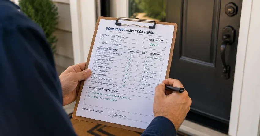 inspector checking strike plate and door frame during safety inspection in Burlington