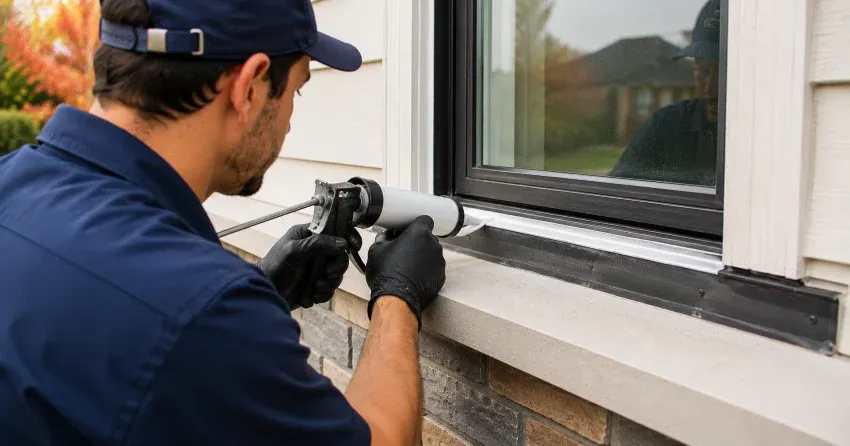 technician inspecting window flashing for leak source in Shoreacres, Burlington