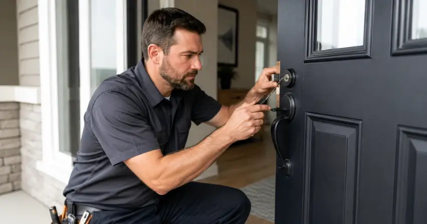 licensed locksmith technician working on residential deadbolt in Burlington