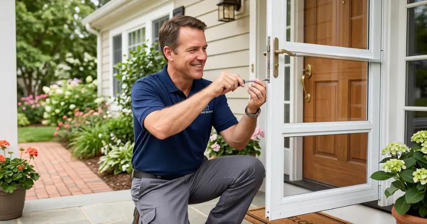 technician adjusting storm door hinge and closer in Dynes, Burlington
